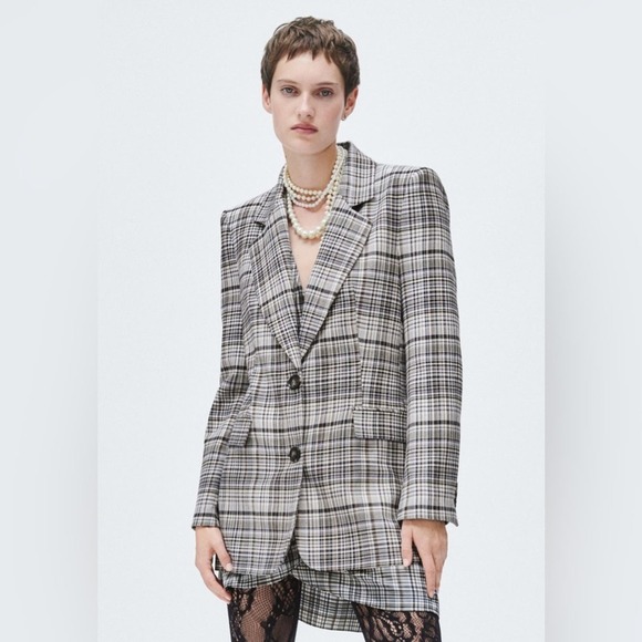 Zara Jackets & Blazers - Zara Tailored Plaid Blazer Jacket Black Cream Medium